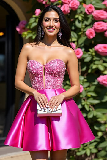 Robe bustier fuchsia en satin une ligne de retour